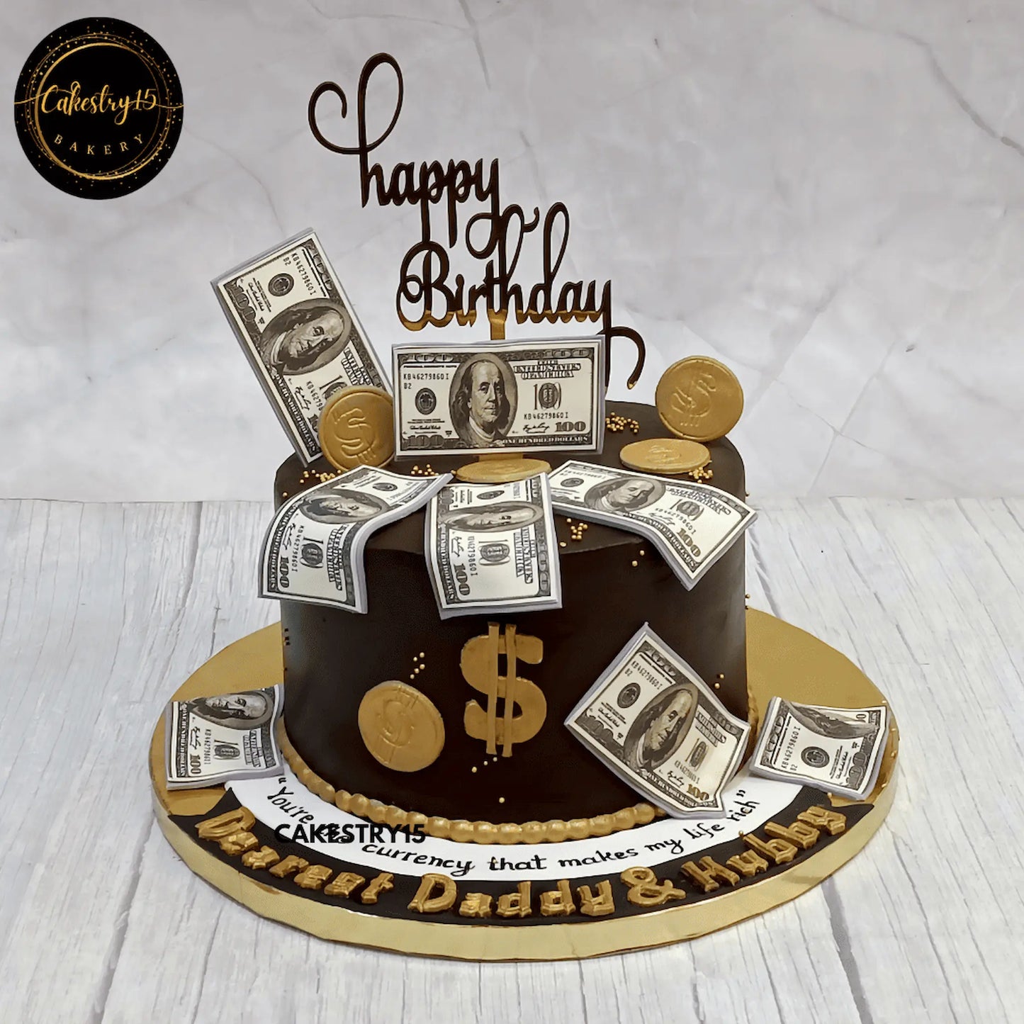 1kg chocolate cake with dollar and crypto coin toppers, message for dad and hubby from Cakestry15