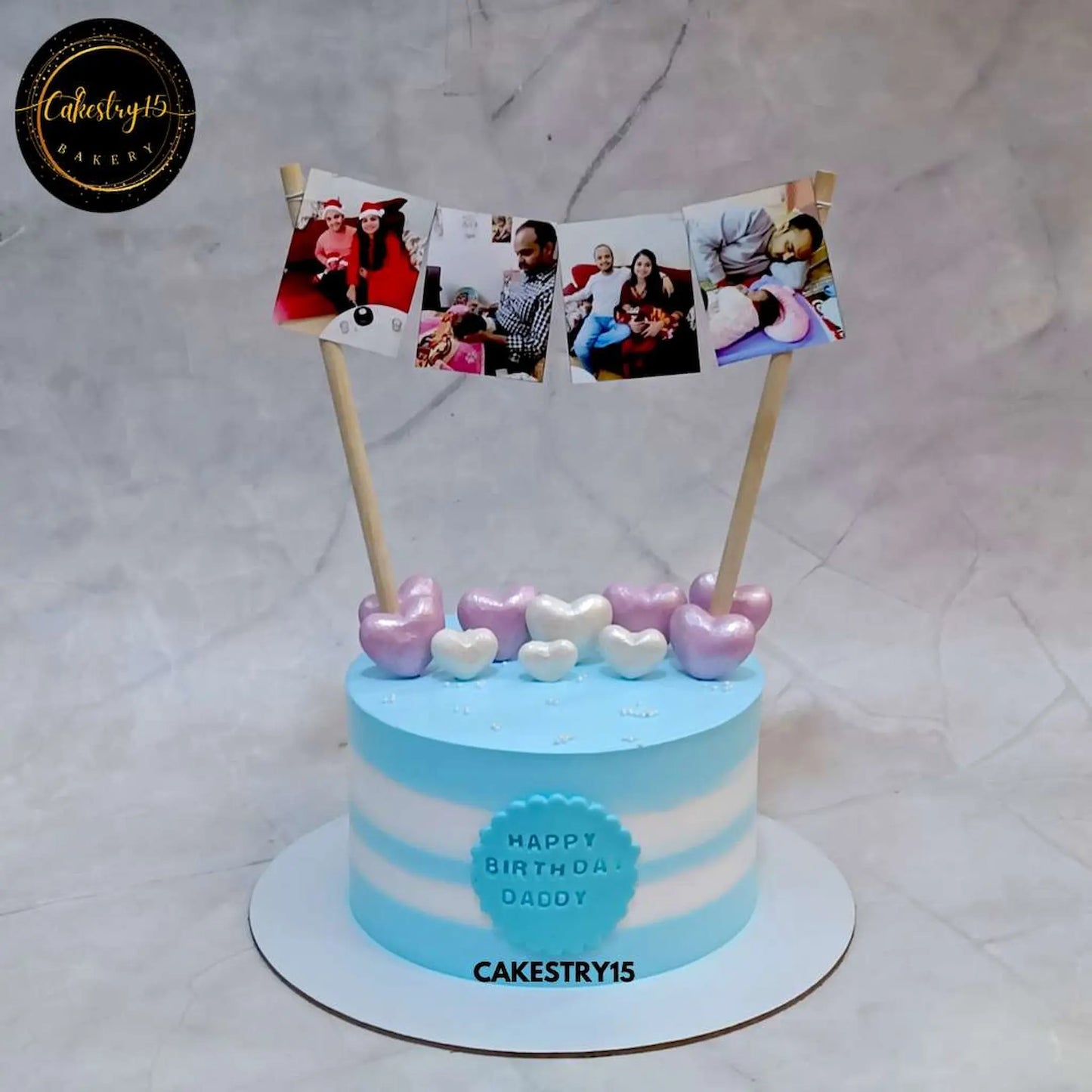 1kg chocolate birthday cake for dad with an edible family photo, lavender and white hearts, and a Happy Birthday Daddy message by cakestry15,best cakes noida