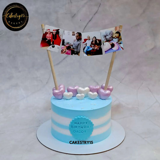 1kg chocolate birthday cake for dad with an edible family photo, lavender and white hearts, and a Happy Birthday Daddy message by cakestry15,best cakes noida