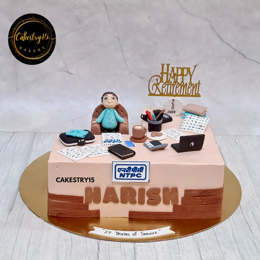 3kg chocolate retirement cake by Cakestry15 featuring a desk setup with NTPC logo for Harish