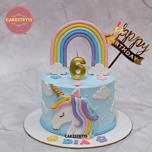 1kg butterscotch unicorn theme birthday cake with rainbow and fondant unicorn by cakestry1 in noida