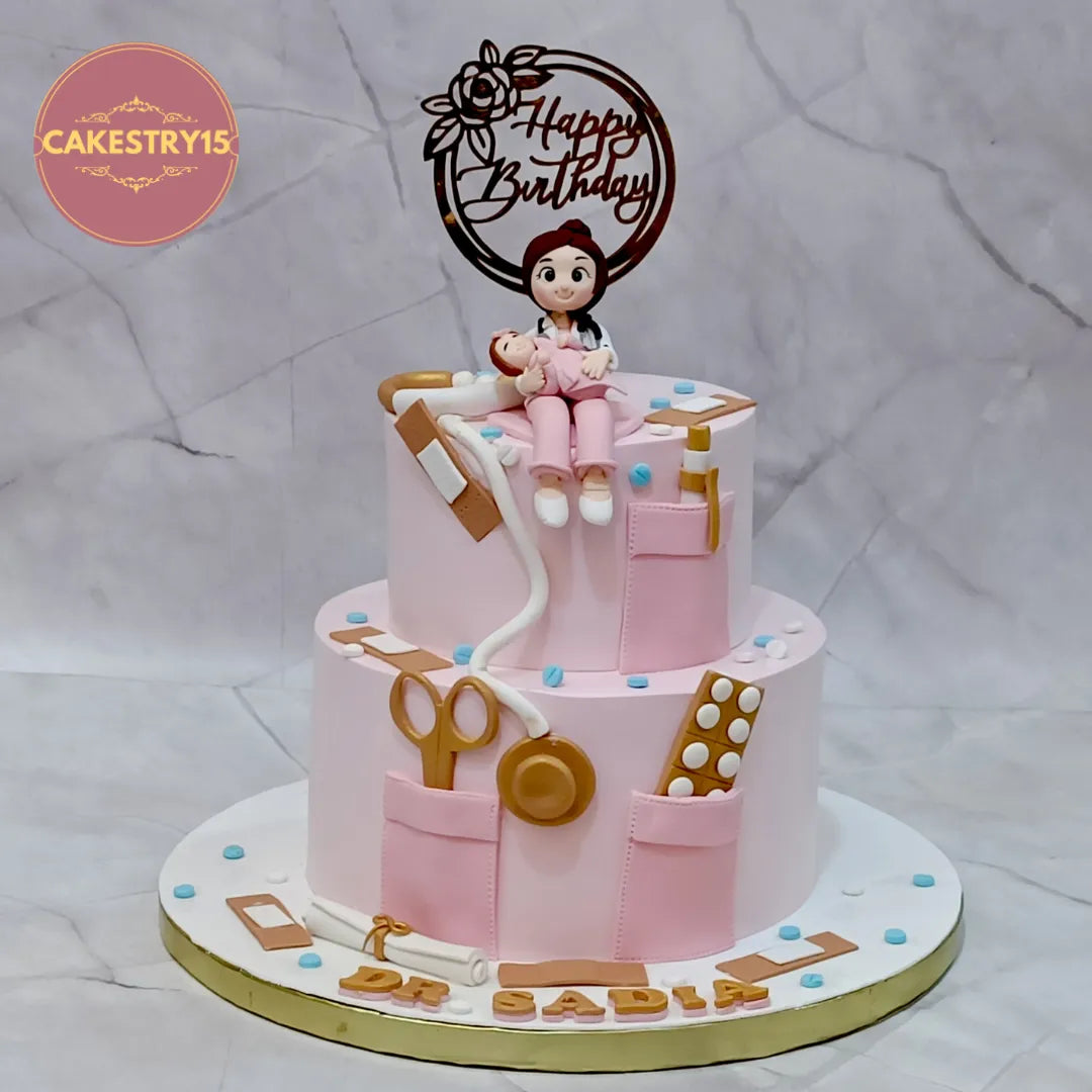 Eggless doctor theme kids birthday cake Noida with medical fondant elements and custom figurine design.