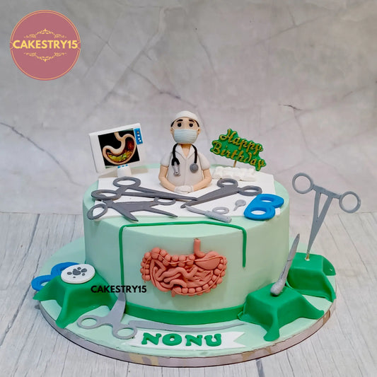 2kg chocolate birthday cake for gastroenterologist with doctor figurine and medical tools by cakestry15