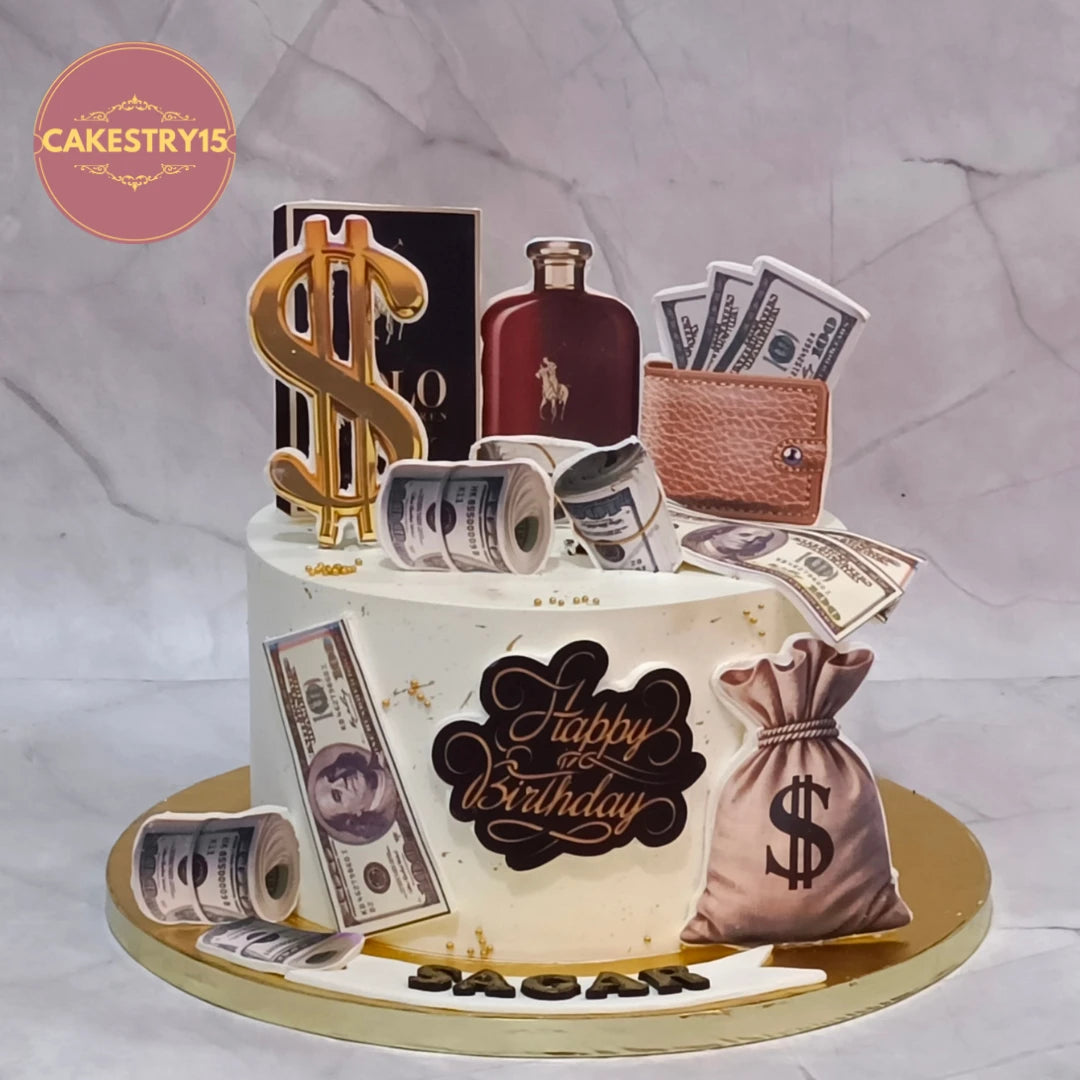 Dollar Theme Birthday Cake for Men, a kids birthday cake style theme cake Noida made as premium eggless cakes with chocolate flavour, dollar decorations and personalised details.