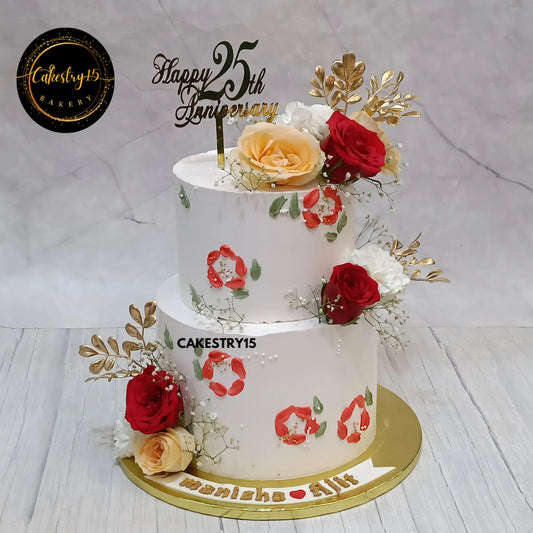 3kg pineapple anniversary cake with ivory and red roses, white carnations, baby breath, and a golden tag