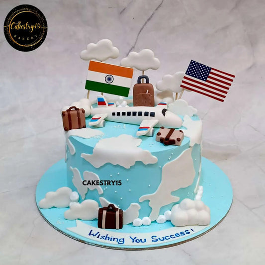 Farewell cake with India and USA flags, fondant airplane, luggage, and clouds, 2kg pineapple flavor by Cakestry15 Noida,corporate cakes,best bakery noida