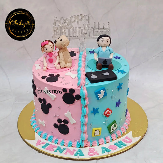 2kg choco butterscotch cake with daughter-dog theme on one side and tech-dad theme on the other