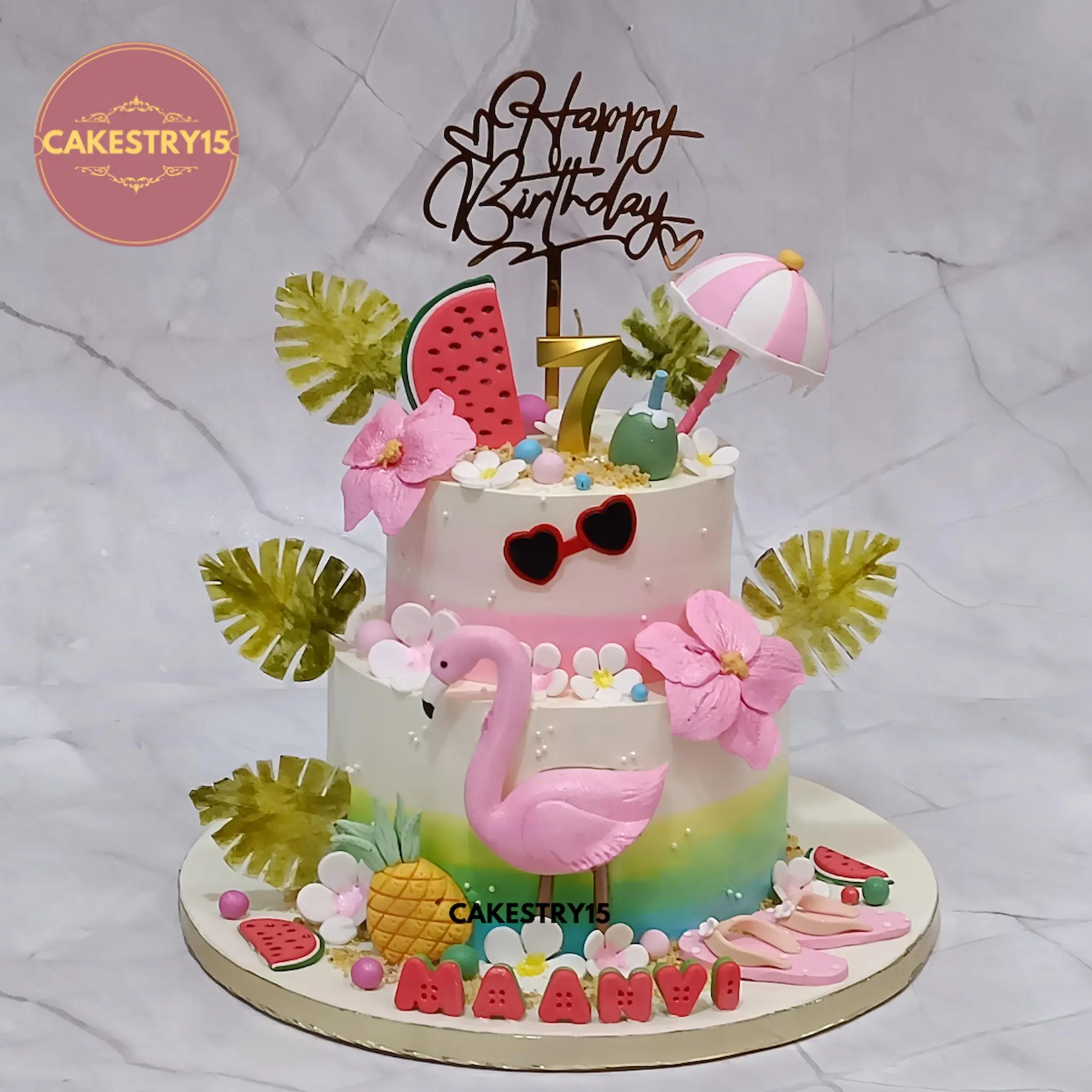 2kg 2 tier pineapple flamingo birthday cake with tropical theme from Cakestry15 Noida