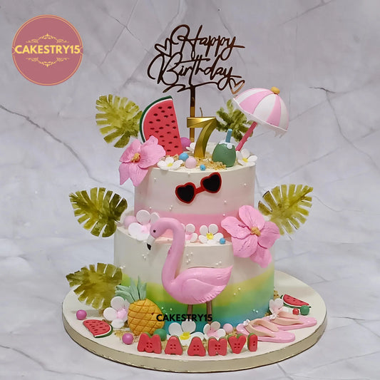 2kg 2 tier pineapple flamingo birthday cake with tropical theme from Cakestry15 Noida