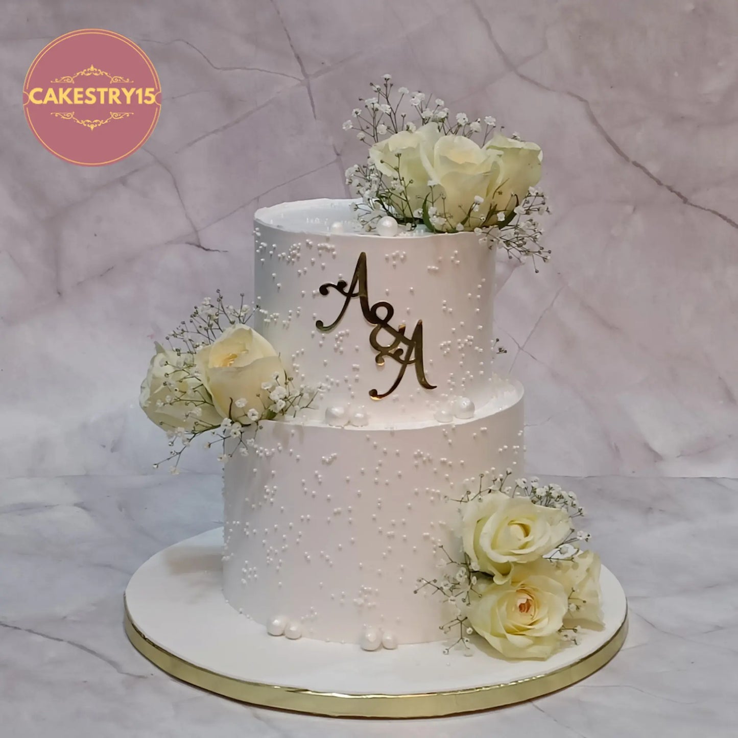Elegant kids birthday cake style theme cake Noida eggless cakes with white roses pearls engagement design