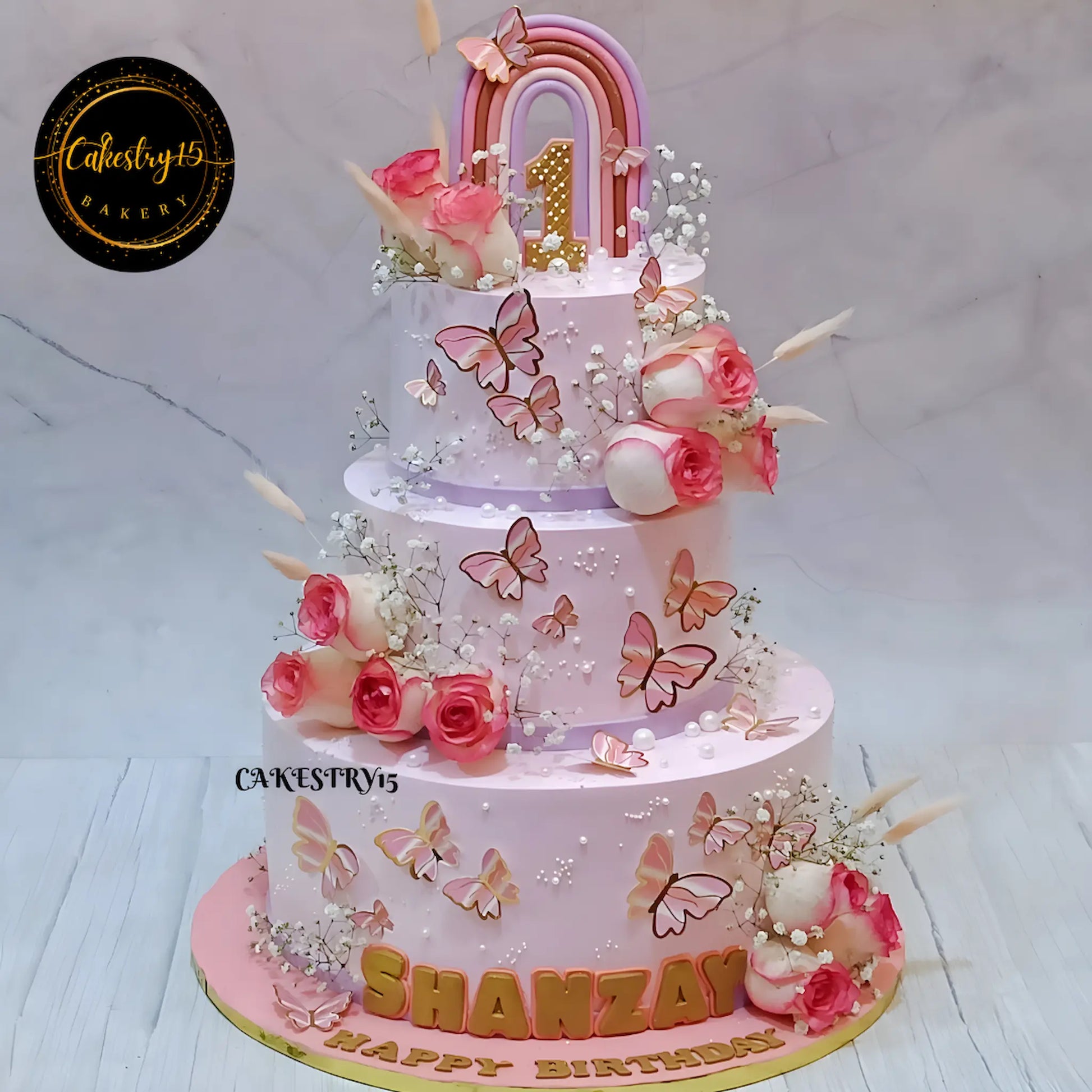 floral butterfly theme 8kg size 3tier chocolate butterscotch flavor 1st birthday cake,full image