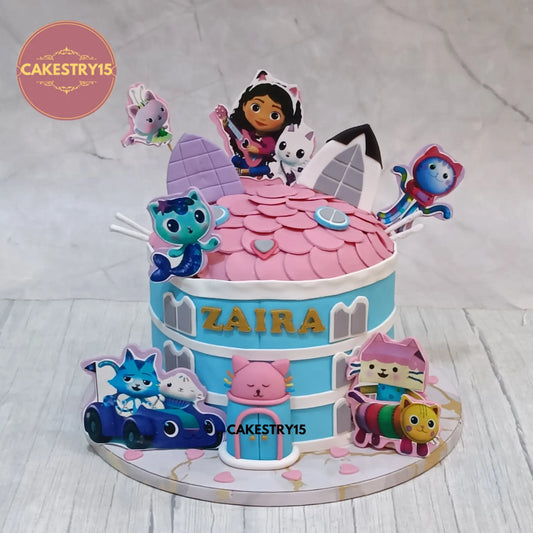 Gabby Dollhouse theme 2.5kg chocolate chip cake in dome shape with edible cartoon characters by cakestry15
