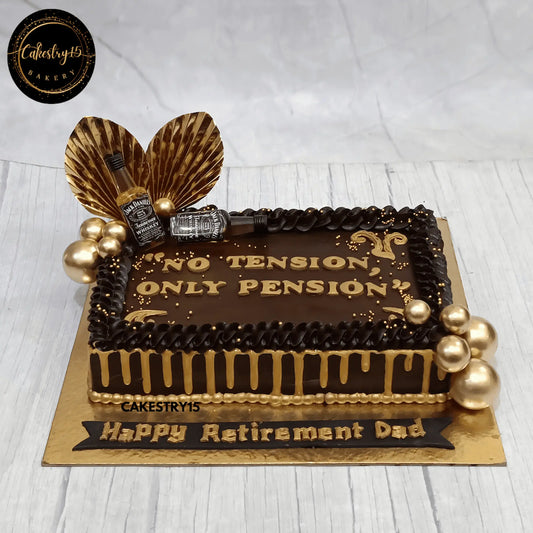 2kg chocolate retirement cake with Jack Daniel’s bottles, golden drip, and messages from Cakestry15 Noida