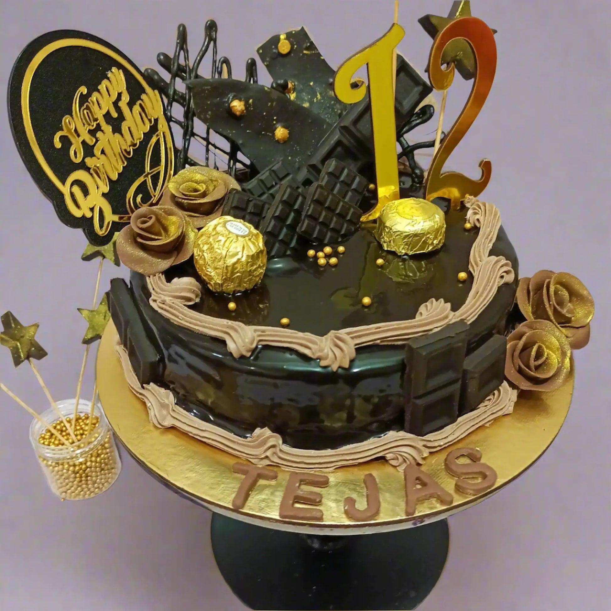 1kg chocolate birthday cake for 12-year-old Tejas with gold roses and Ferrero Rocher by cakestry15 noida