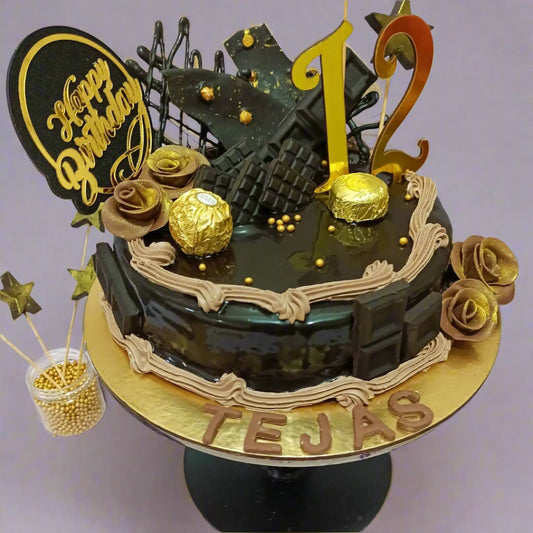 1kg chocolate birthday cake for 12-year-old Tejas with gold roses and Ferrero Rocher by cakestry15 noida