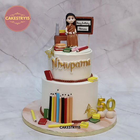 3kg eggless chocolate 50th birthday cake with lady figurine, blackboard, books, and butterflies from Cakestry15 Noida