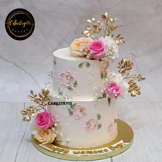 3kg blueberry Women’s Day cake topped with roses, carnations, and golden leaves from Cakestry15