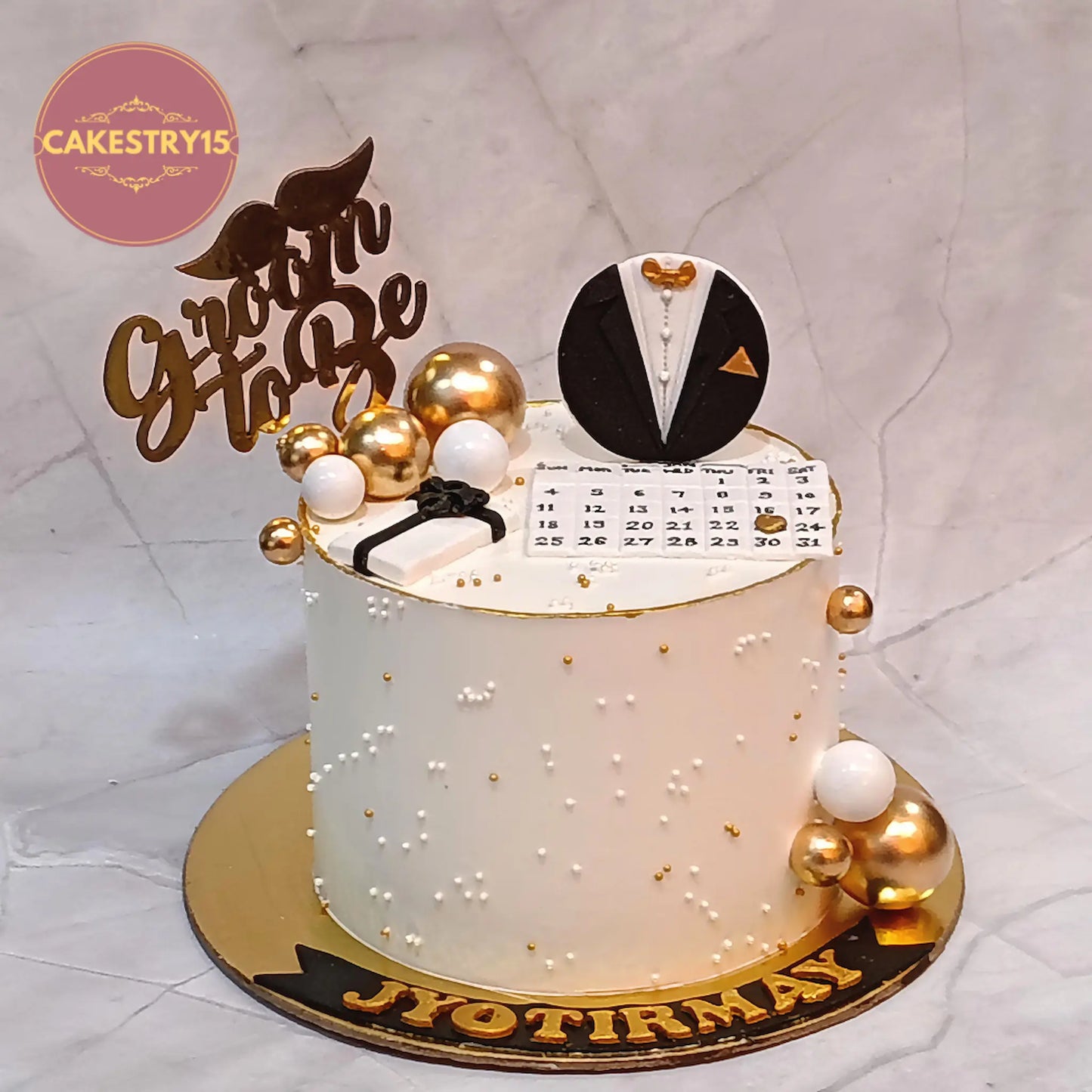 Eggless theme cake Noida for groom to be celebration with black forest flavour and premium design