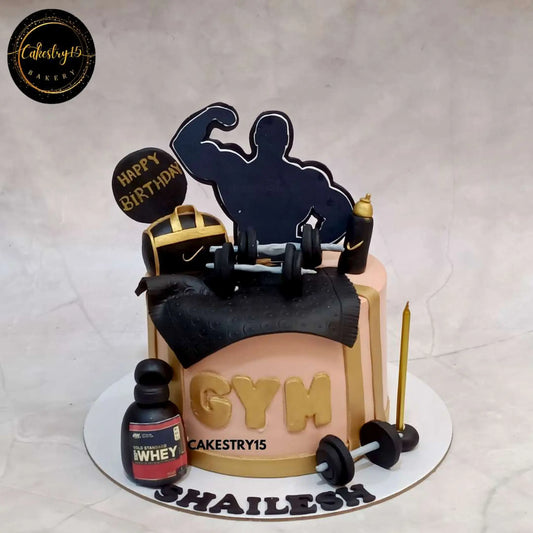 One kg pineapple gym theme cake for Shailesh with fondant gym elements and edible bodybuilder image by cakestry15,best bakery noida