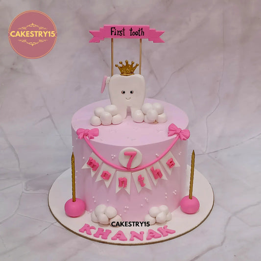 Halfway to One 1kg pineapple cake with fondant tooth, clouds, banner, and golden candles from Cakestry15