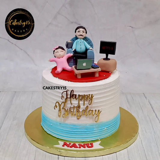2kg choco butterscotch birthday cake for Nanu with sofa figurine and baby, from Cakestry15