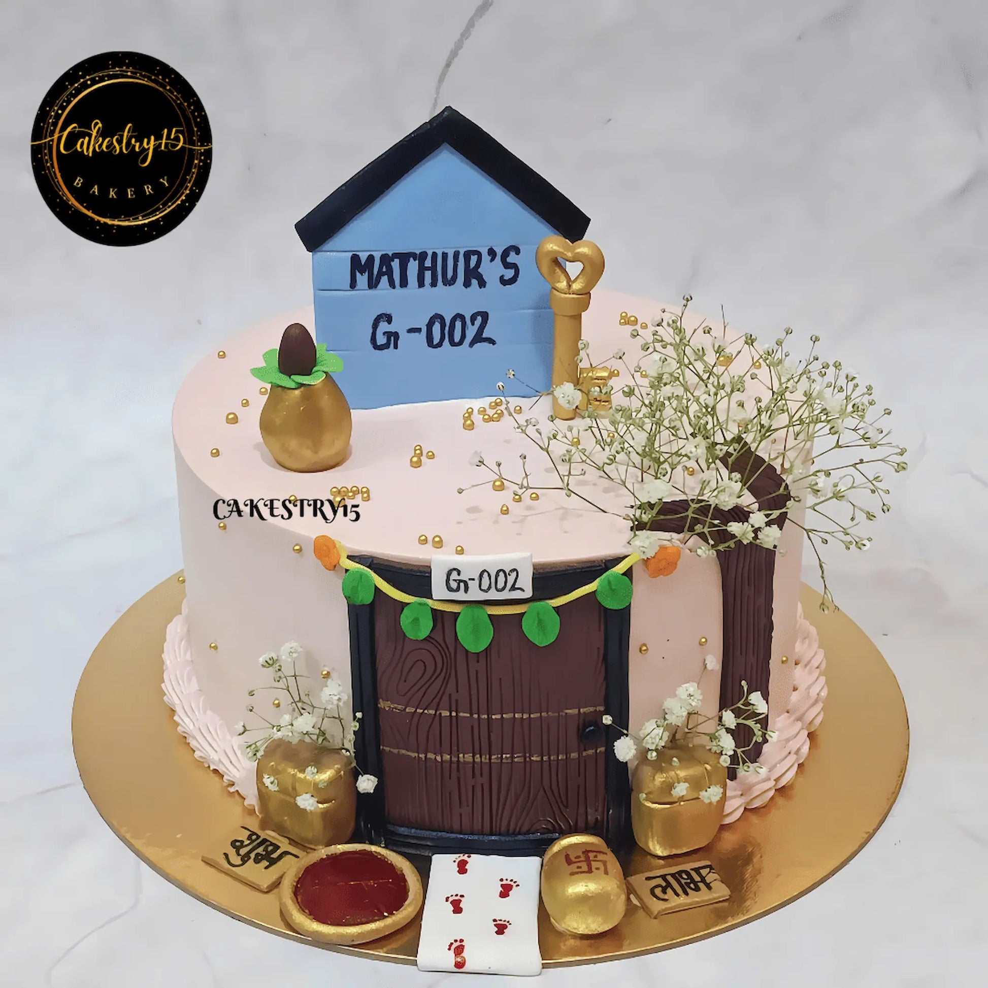 2kg black forest housewarming cake with fondant house, keys, and kalash from Cakestry15