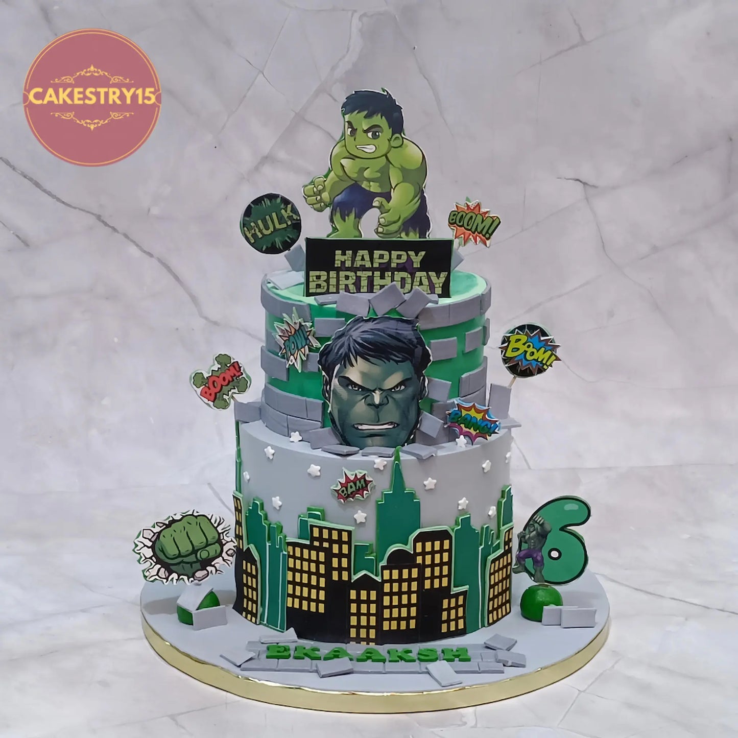 Hulk theme 3kg chocolate eggless kids birthday cake with Hulk face and city design in Noida by cakestry15