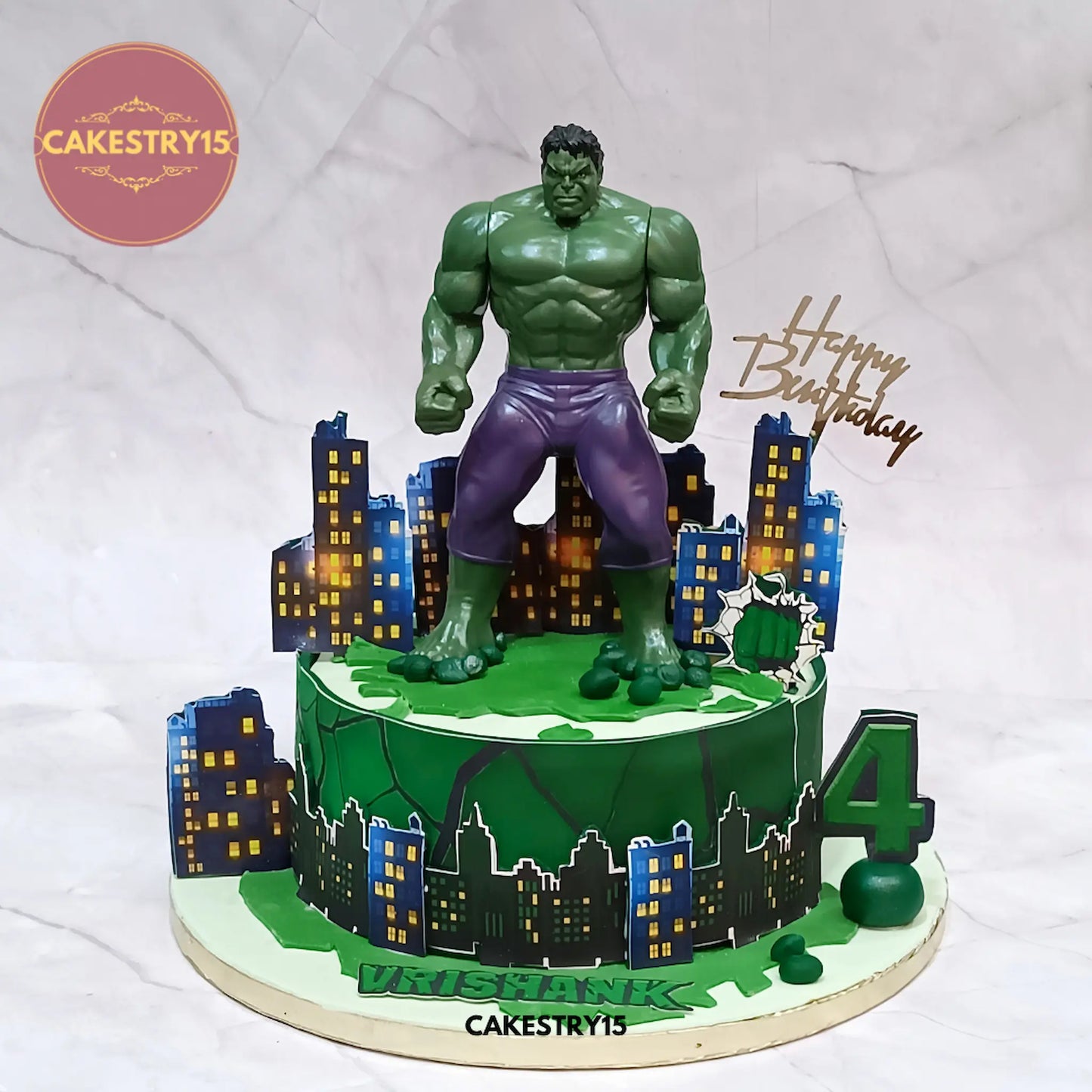 Eggless Hulk theme kids birthday cake with chocolate flavour and superhero design for 4th birthday celebration in Noida