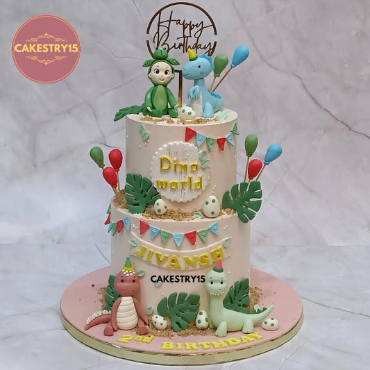 3kg two-tier choco vanilla dinosaur theme birthday cake with boy figurine, dinos, and fondant details by Cakestry15