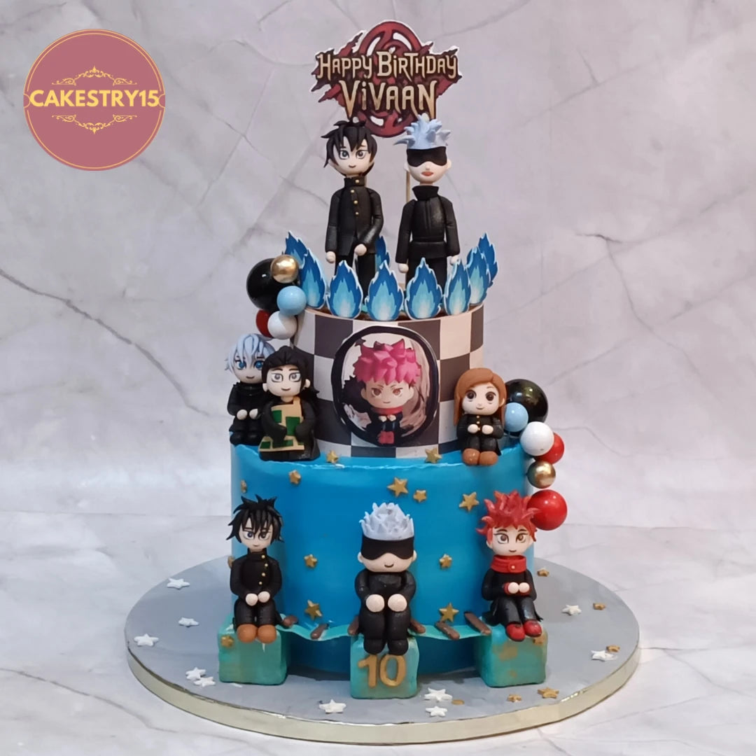 Jujutsu Kaisen themed kids birthday cake with anime characters, a premium theme cake Noida families love, crafted as one of our signature eggless cakes.