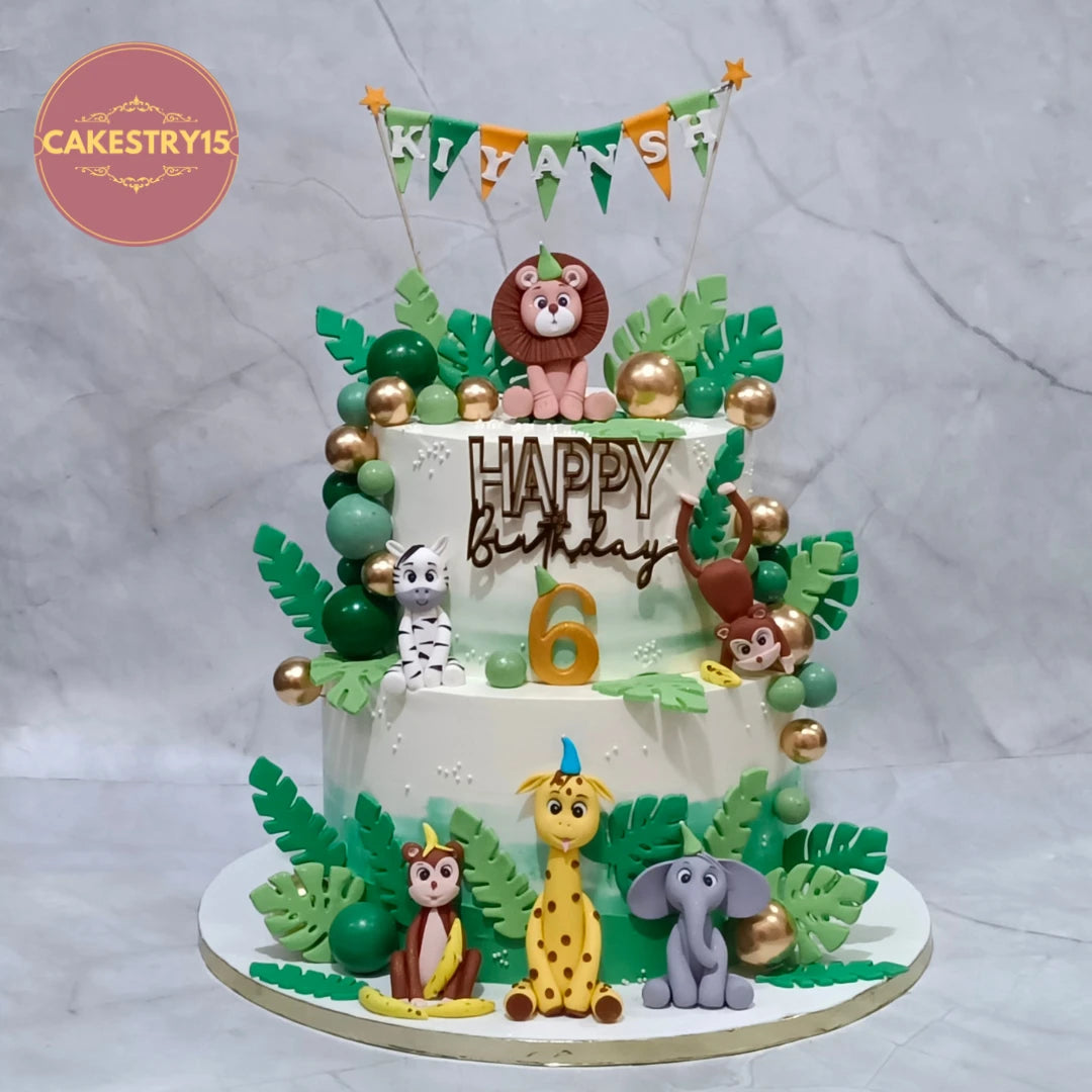 Jungle safari kids birthday cake, theme cake Noida with animal toppers, premium eggless cakes for 6th birthday celebration