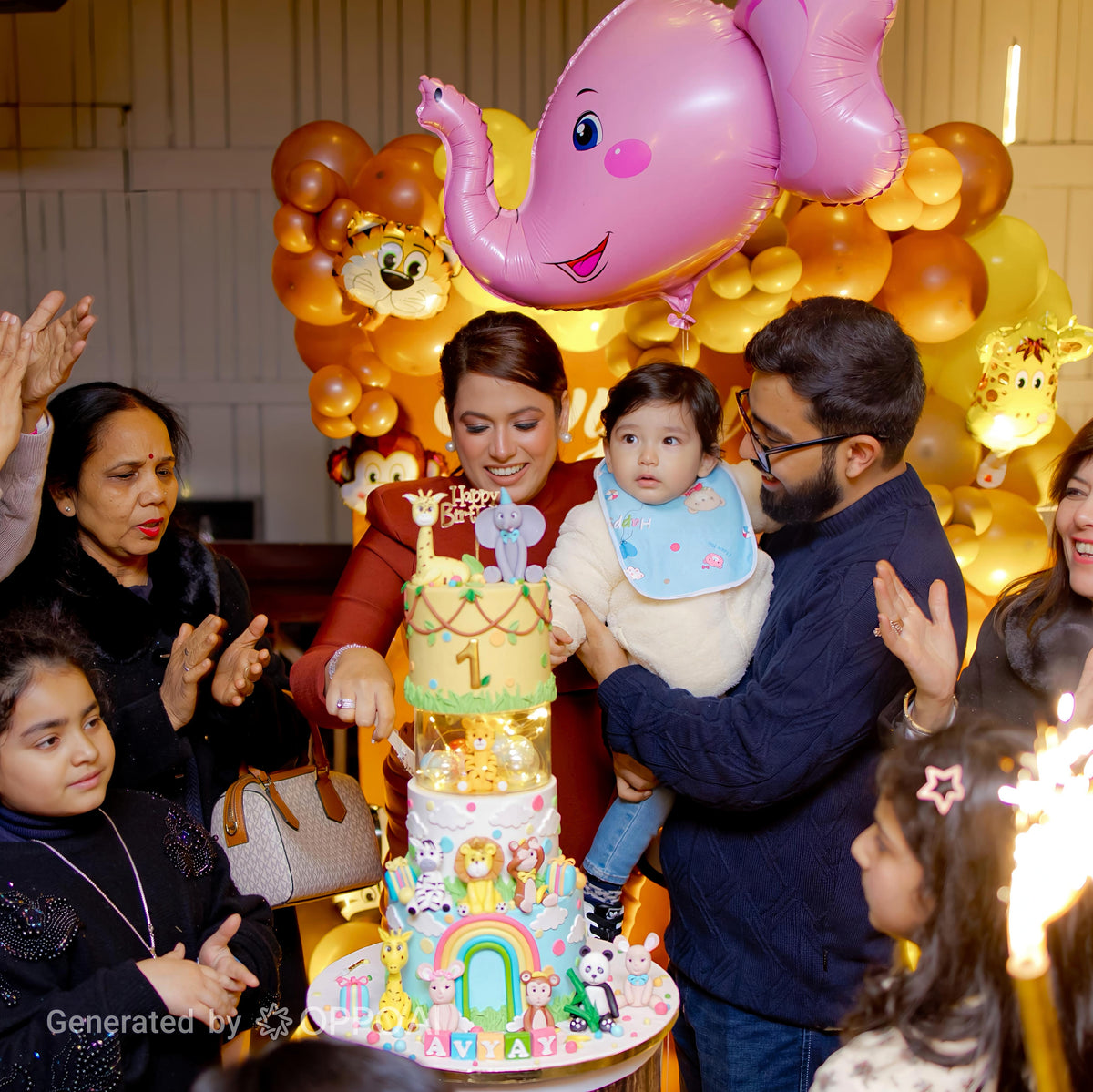 Clients cutting a jungle theme first birthday cake decorated with fondant jungle animals.