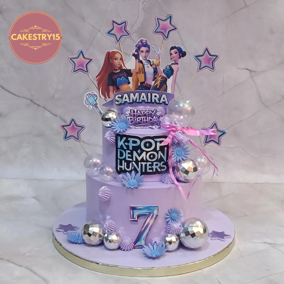 K Pop kids birthday cake with lavender icing and edible character prints, premium theme cake Noida from Cakestry15 eggless cakes collection