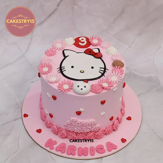 1kg eggless Black Forest kitty theme birthday cake with fondant kitty face and flowers by Cakestry15 in Noida