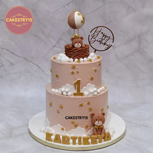 5kg pineapple eggless teddy in air balloon first birthday cake from Cakestry15 Noida