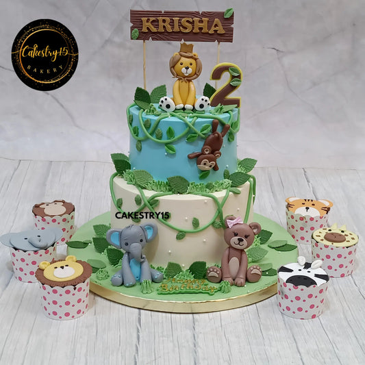 3kg choco chip jungle theme cake for 2nd birthday with fondant lion, monkey, elephant, teddy, and cupcakes