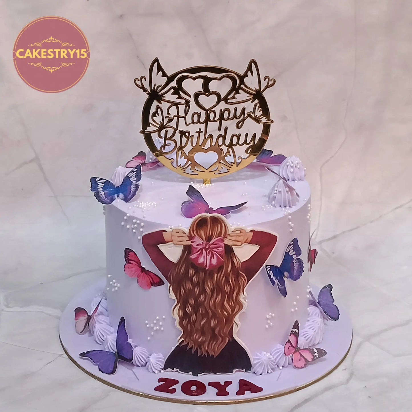 Lavender birthday cake for wife with edible photo and butterflies, 1kg eggless pineapple cake by Cakestry15 Noida