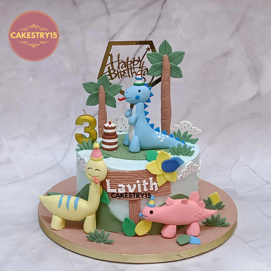 Dinosaur theme 1.5kg choco chips birthday cake for kids from Cakestry15 Noida