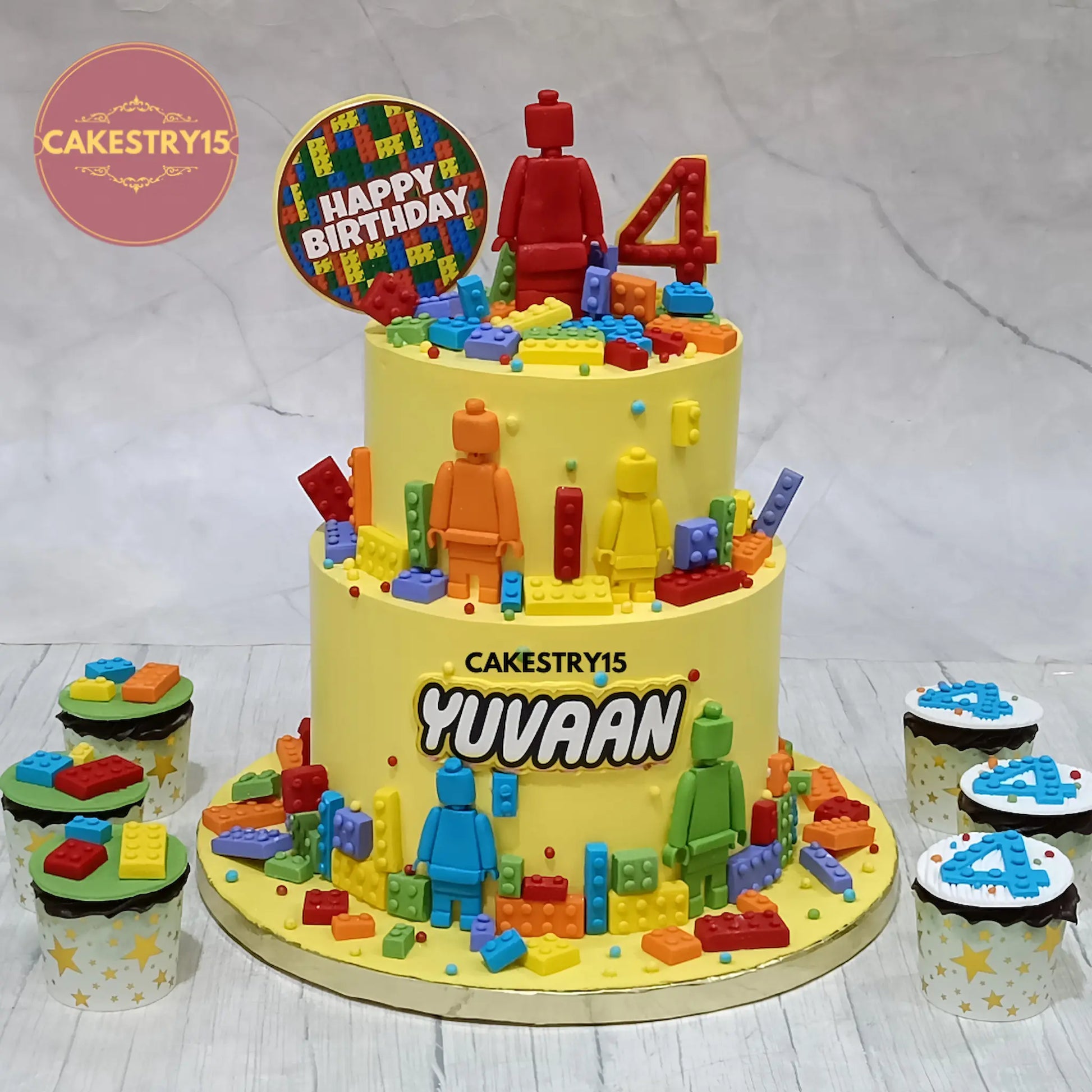 LEGO theme 2-tier choco vanilla birthday cake with edible blocks and characters from Cakestry15