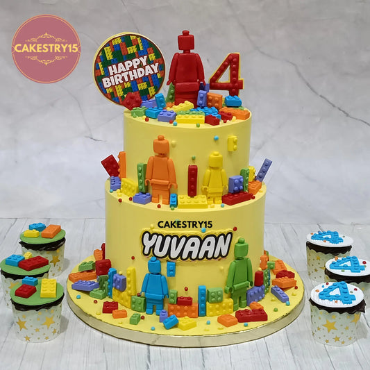 LEGO theme 2-tier choco vanilla birthday cake with edible blocks and characters from Cakestry15