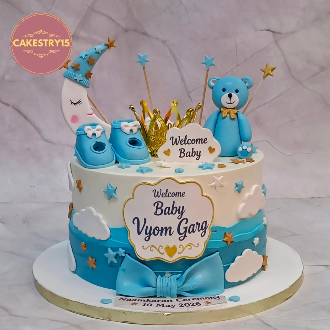 Luxury teddy kids birthday cake inspired welcome baby design featuring a teddy, crescent moon and clouds, handcrafted as a theme cake Noida using premium eggless cakes.