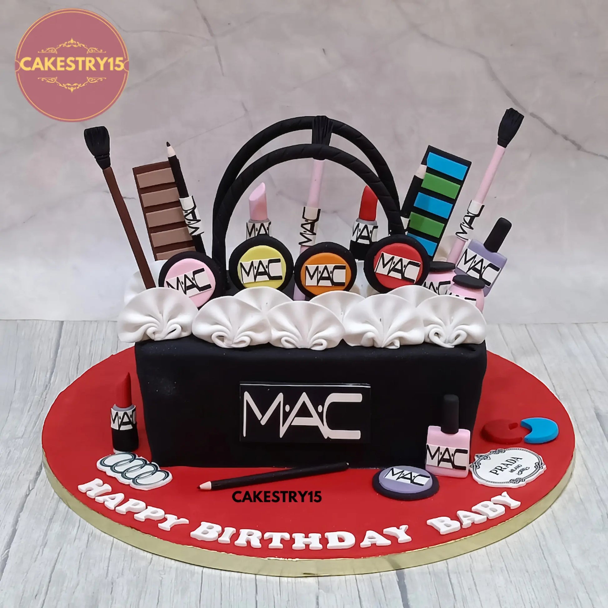 MAC makeup theme 3kg chocolate cake in handbag style from Cakestry15, topped with edible makeup items