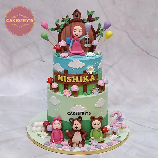 3kg choco vanilla Masha and the Bear theme cake with fondant house and figurines by Cakestry15 Noida