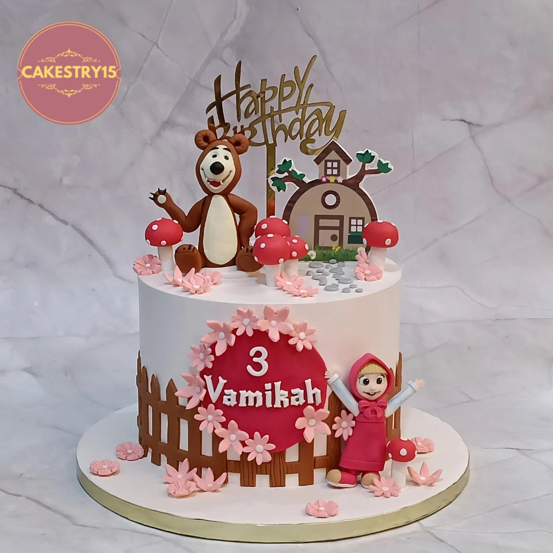 Masha and the Bear woodland themed kids birthday cake crafted as a premium theme cake Noida families love, featuring eggless cakes for memorable celebrations.