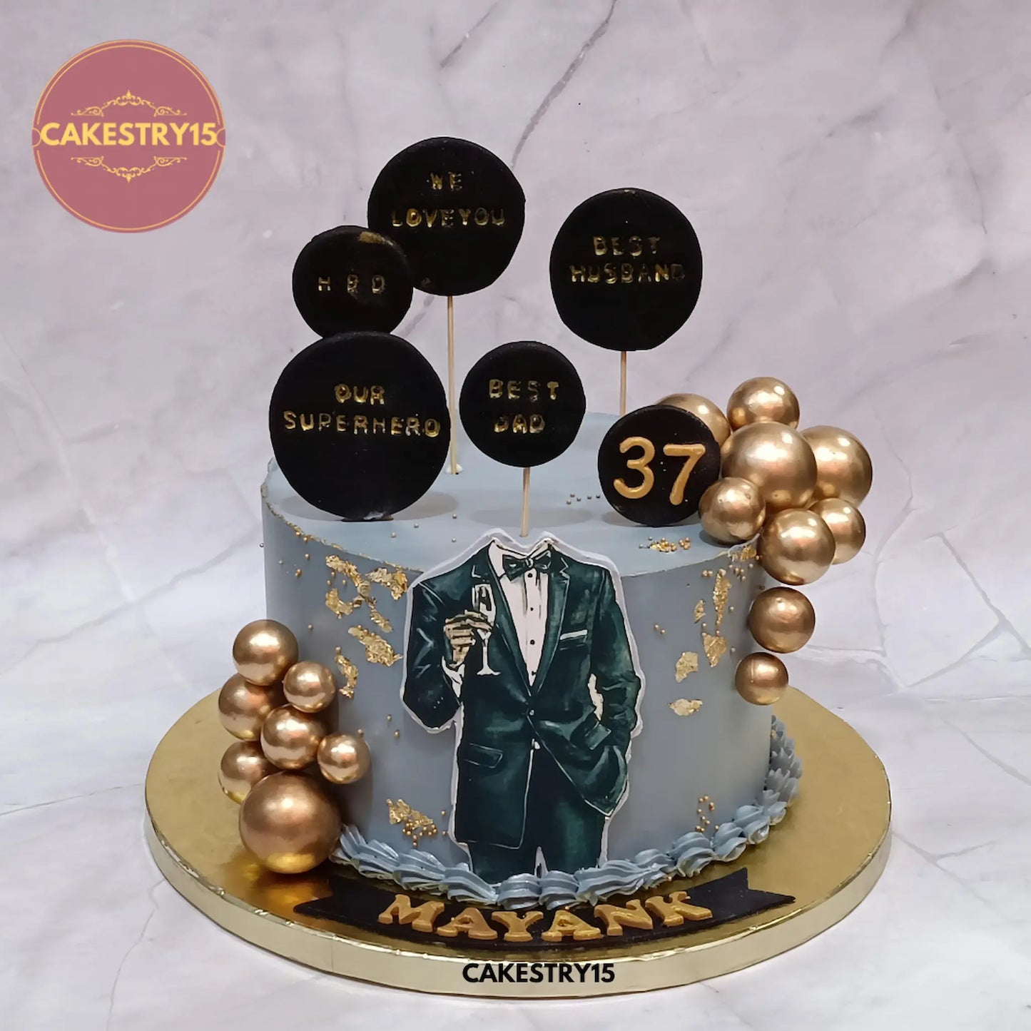 1kg chocolate birthday cake with edible image and golden balls from Cakestry15