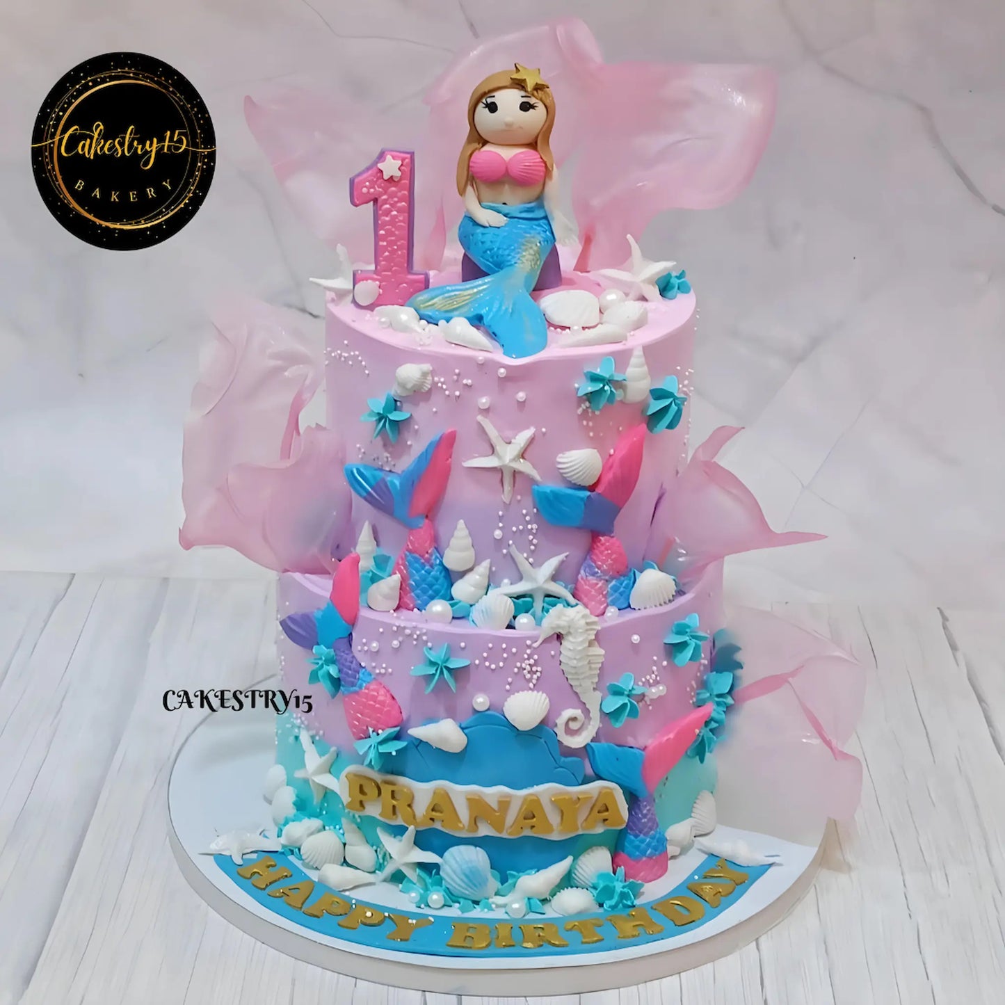 mermaid theme 3kg size 2tier chocolate flavor 1st birthday cake,full image