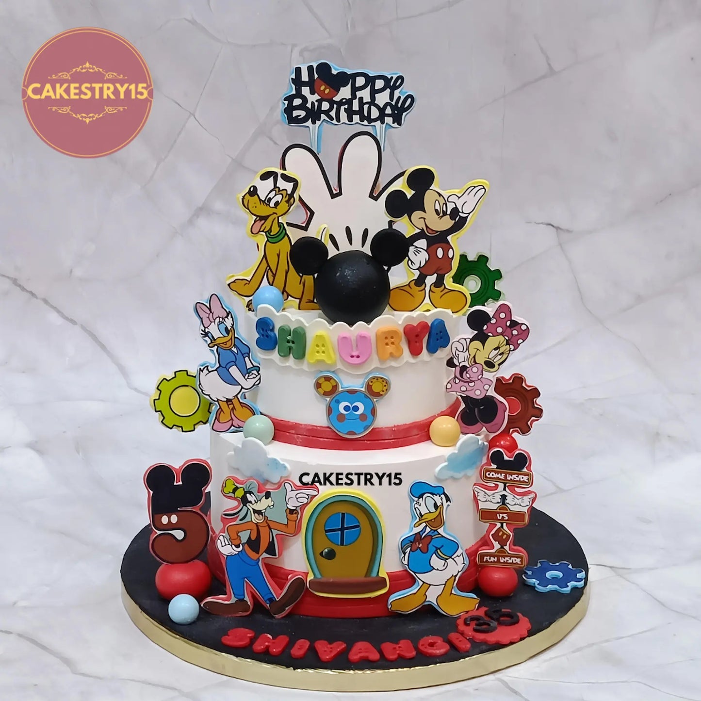 2kg eggless pineapple Disney theme cake featuring Mickey, Minnie, Donald, and Pluto – Cakestry15 Noida
