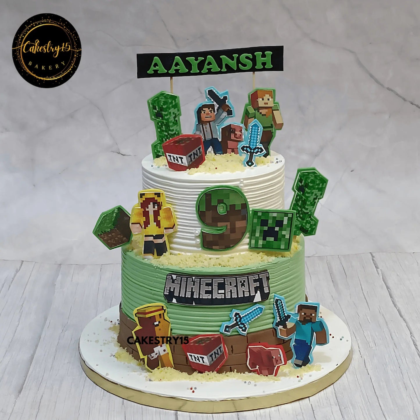 Minecraft-themed 3kg chocolate birthday cake for Aayansh with edible character images and name topper