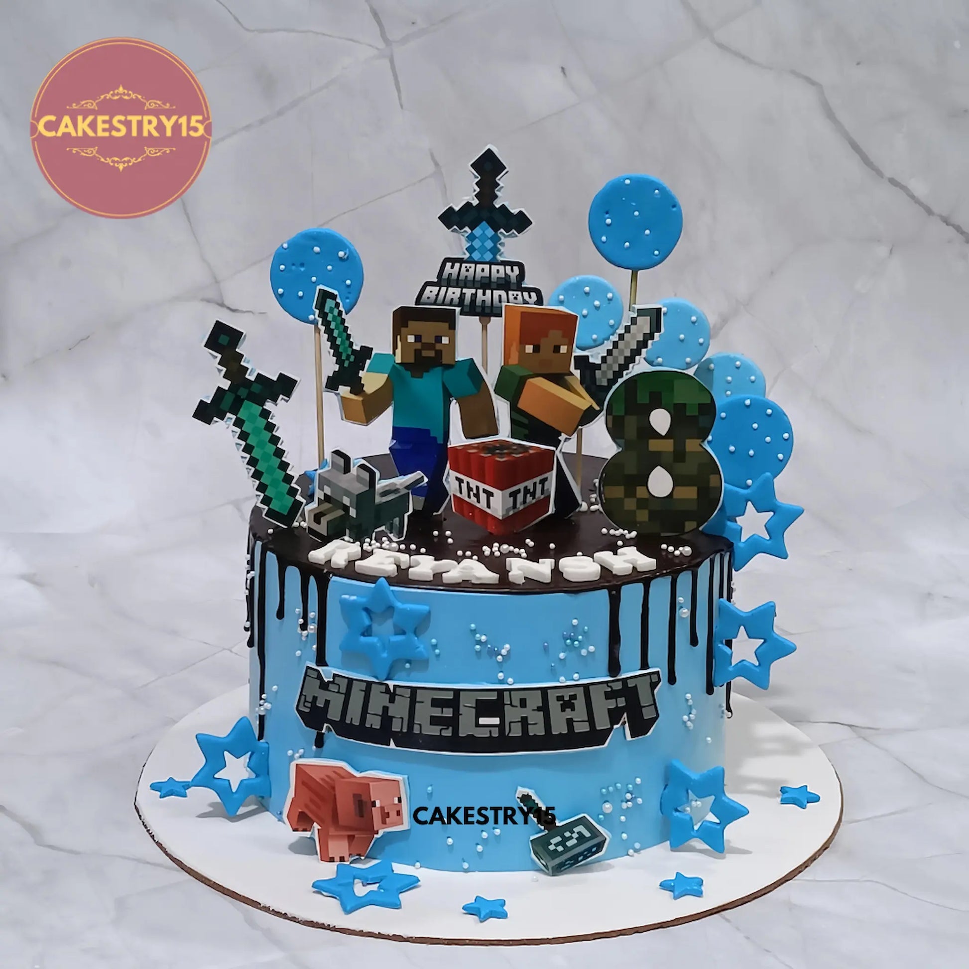 2kg chocolate Minecraft theme birthday cake with edible Minecraft characters from Cakestry15