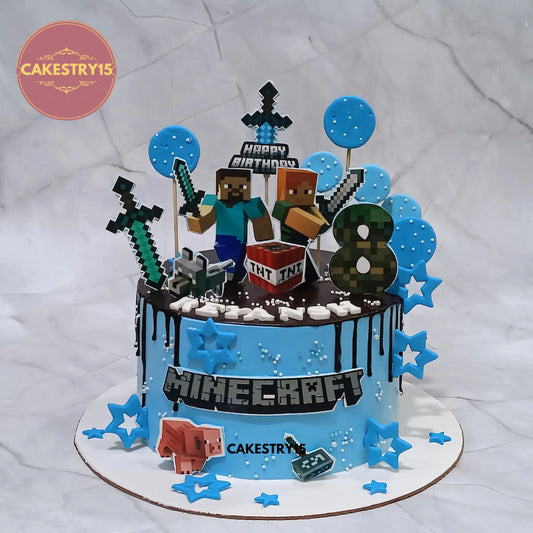 2kg chocolate Minecraft theme birthday cake with edible Minecraft characters from Cakestry15